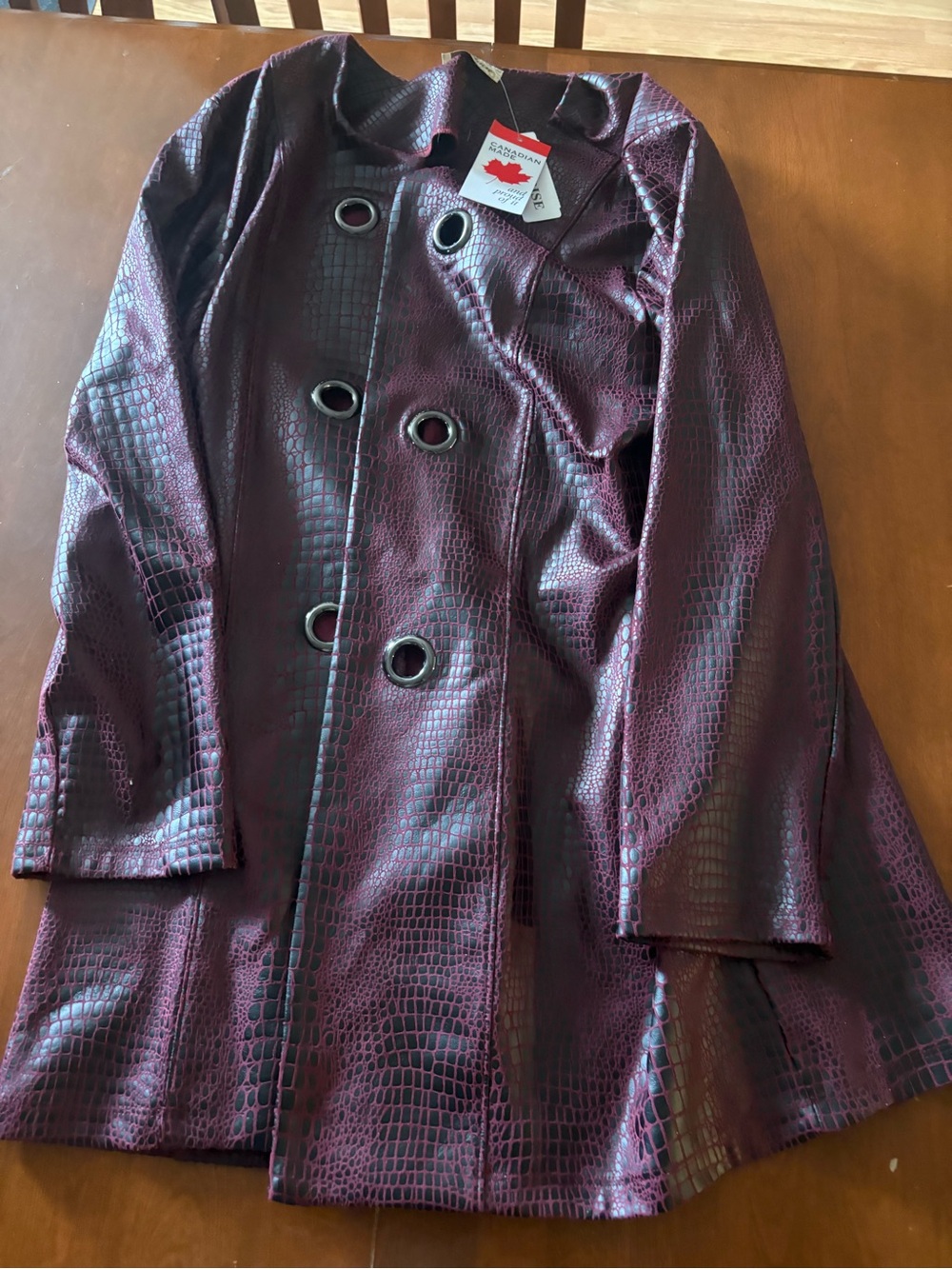 Faux Croc Double-Breasted Trench Coat — Burgundy